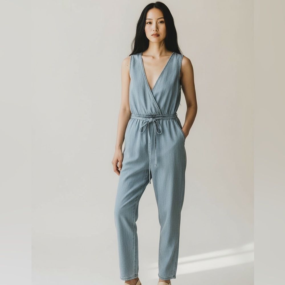 Altar’d State Chambray Tencel Jumpsuit Small Sleeveless Tie Waist - Picture 5 of 15